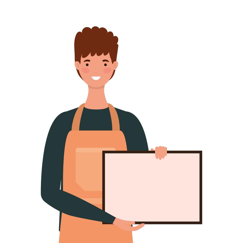 Salesman cartoon with apron and banner vector