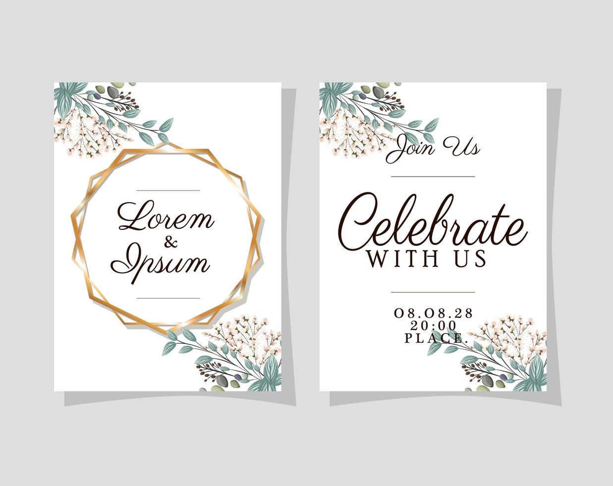 Two wedding invitations with gold frames vector