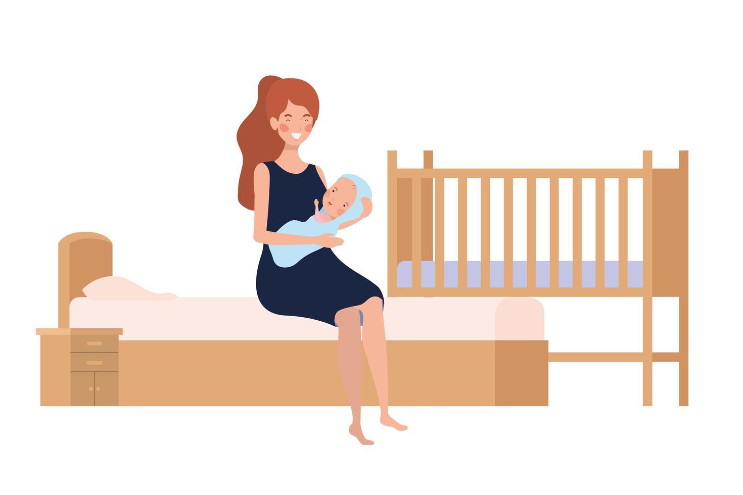 Young woman with newborn baby in bed vector