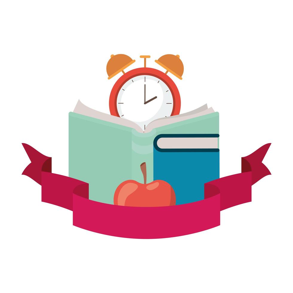 School books with alarm clock and ribbon vector