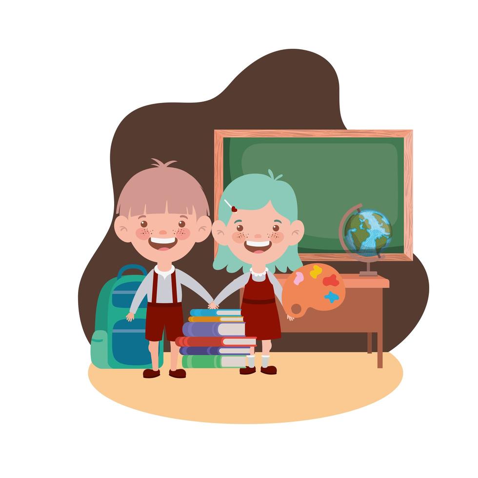 Students with school supplies in the classroom vector