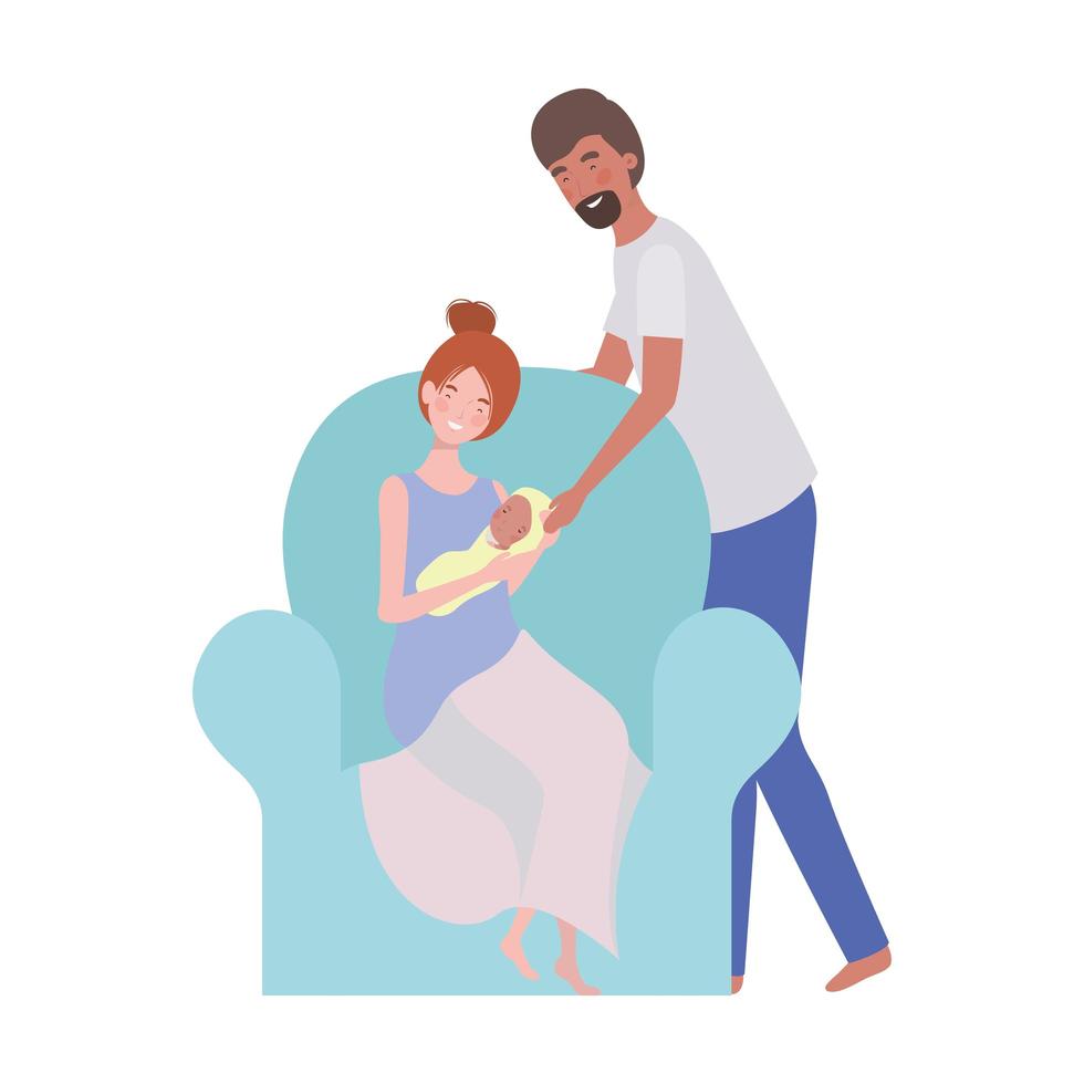 Parents with newborn baby sitting on chair vector