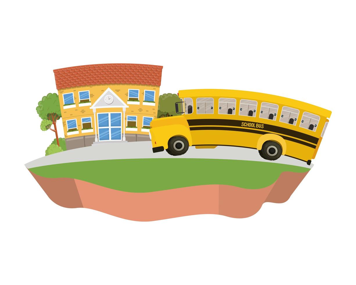 Edificio escolar de primaria con bus en paisaje. vector