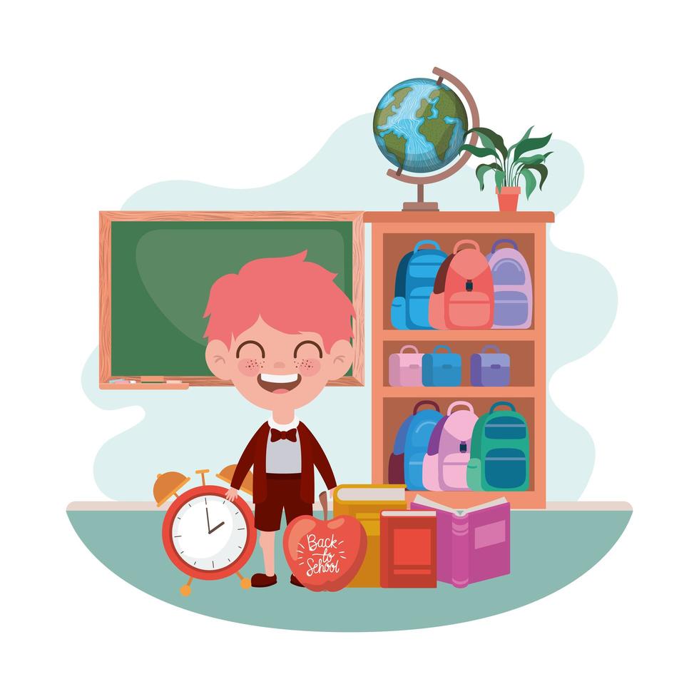 Student boy with school supplies in the classroom vector