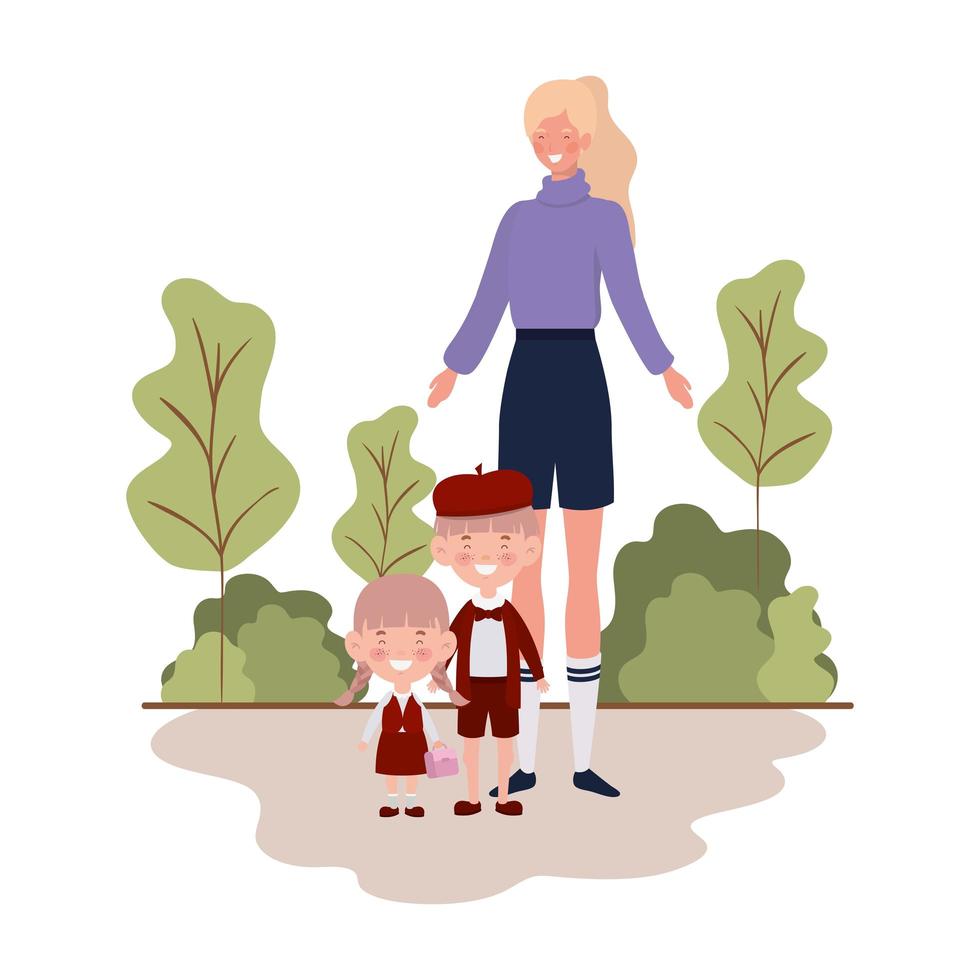 Woman with children of back to school vector