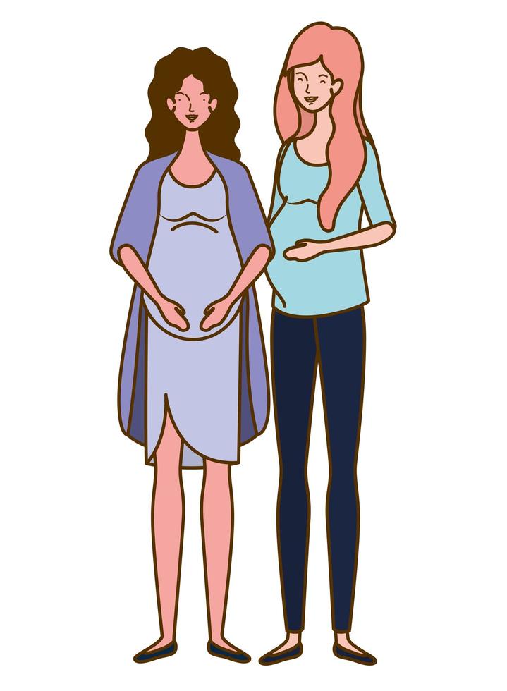 Hermosas mujeres embarazadas de pie sobre fondo blanco. vector