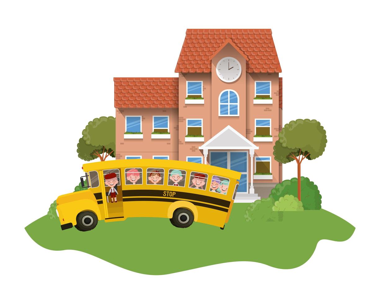 School building of primary with bus in landscape vector