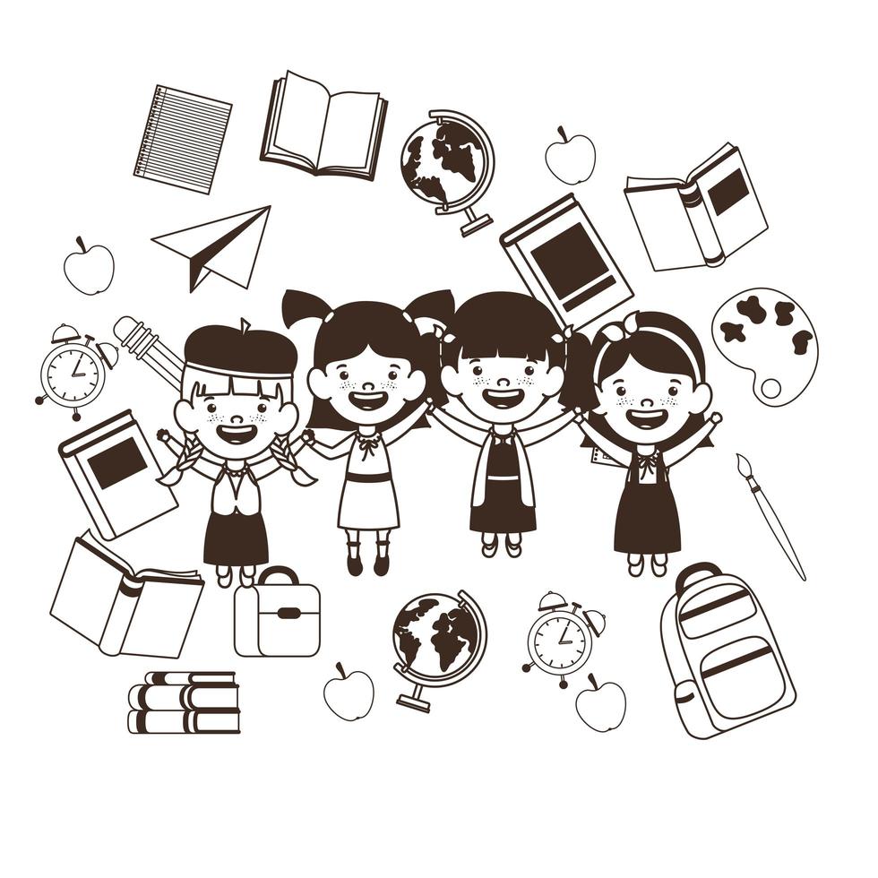 Silhouette of group of students with school supplies vector