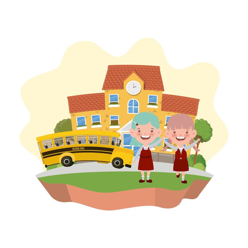 Students girls with school building and bus vector