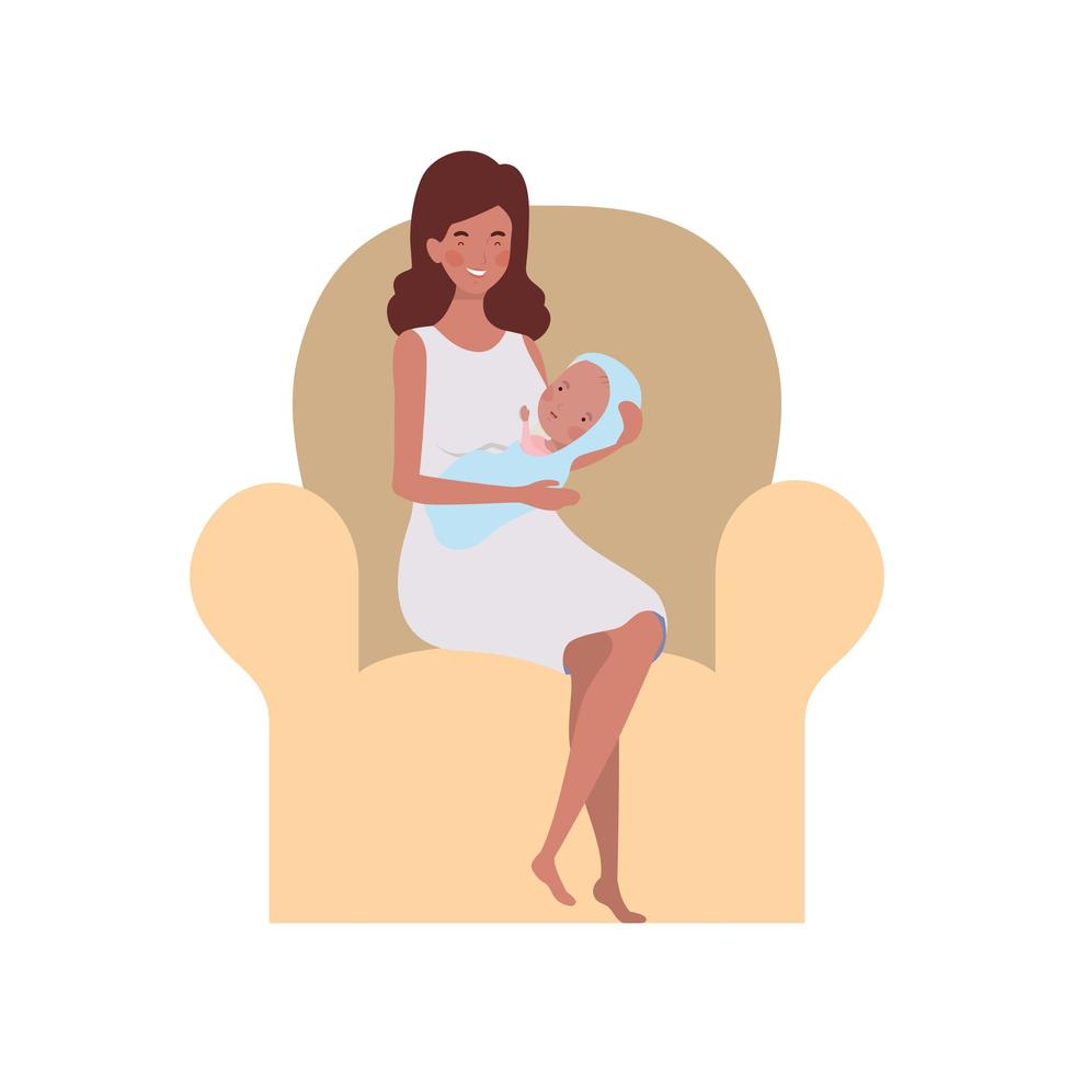 Woman sitting on sofa with a newborn baby in her arms vector