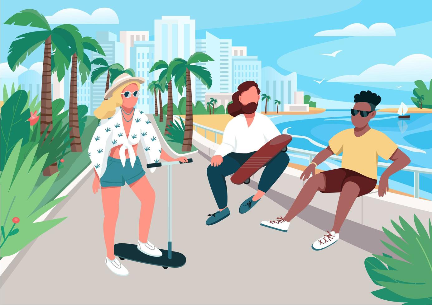 Young men and woman summer activity vector