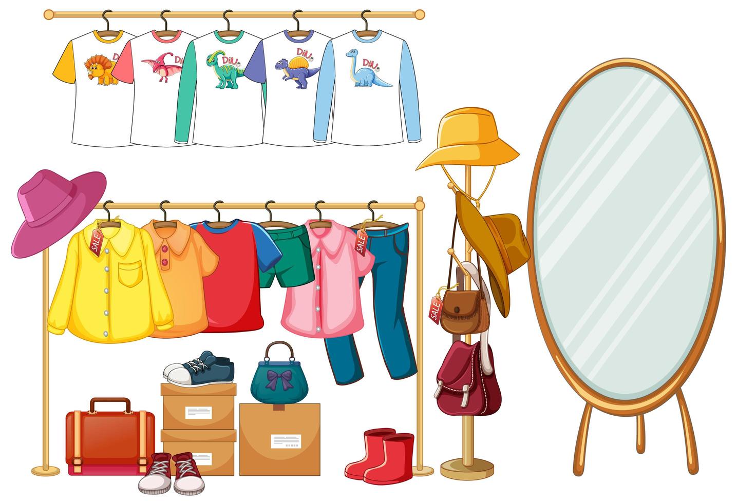 Clothes hanging on clothes rack with accessories on white background vector