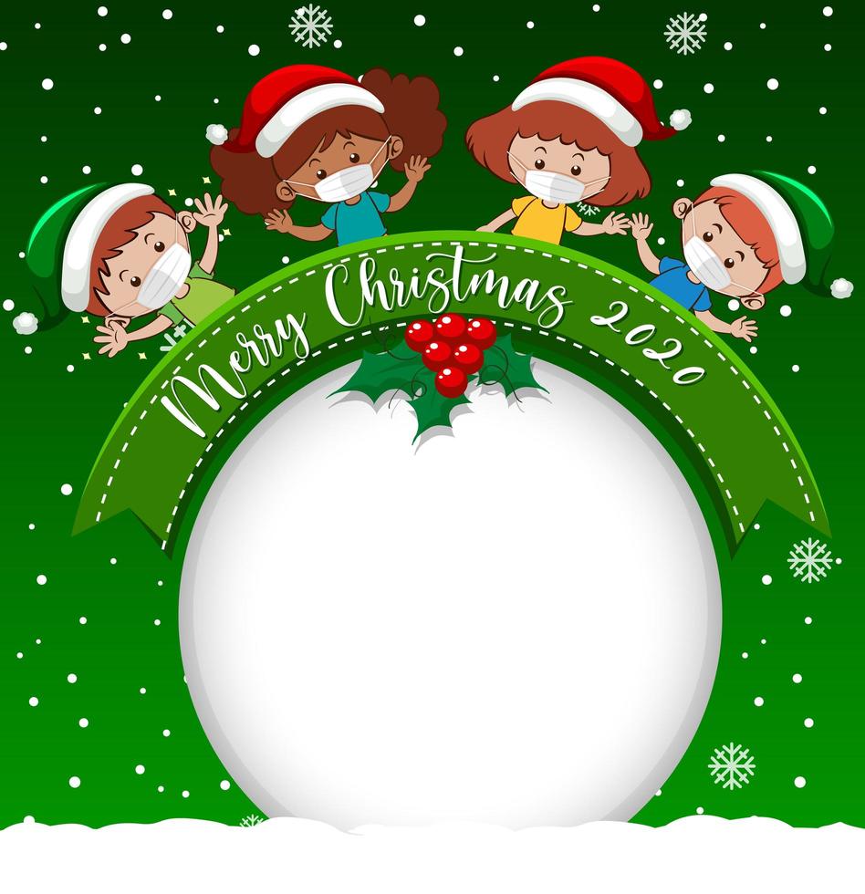 Blank circle banner with Merry Christmas 2020 font logo and kids wear mask on green background vector