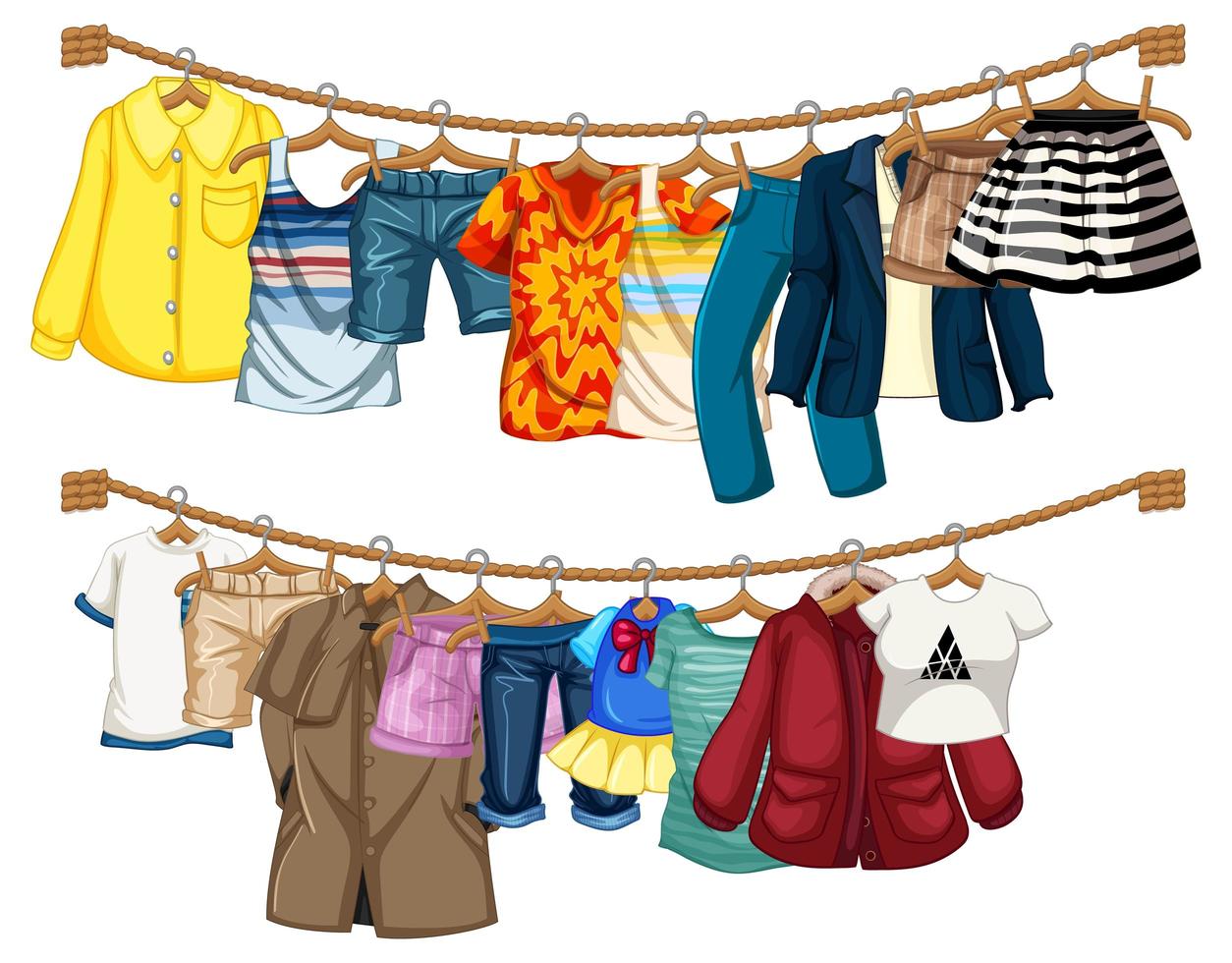 Many clothes hanging on a line on white background vector