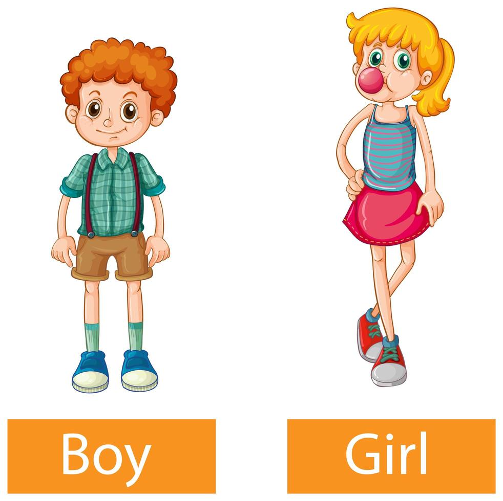 Opposite adjective words with boy and girl on white background vector
