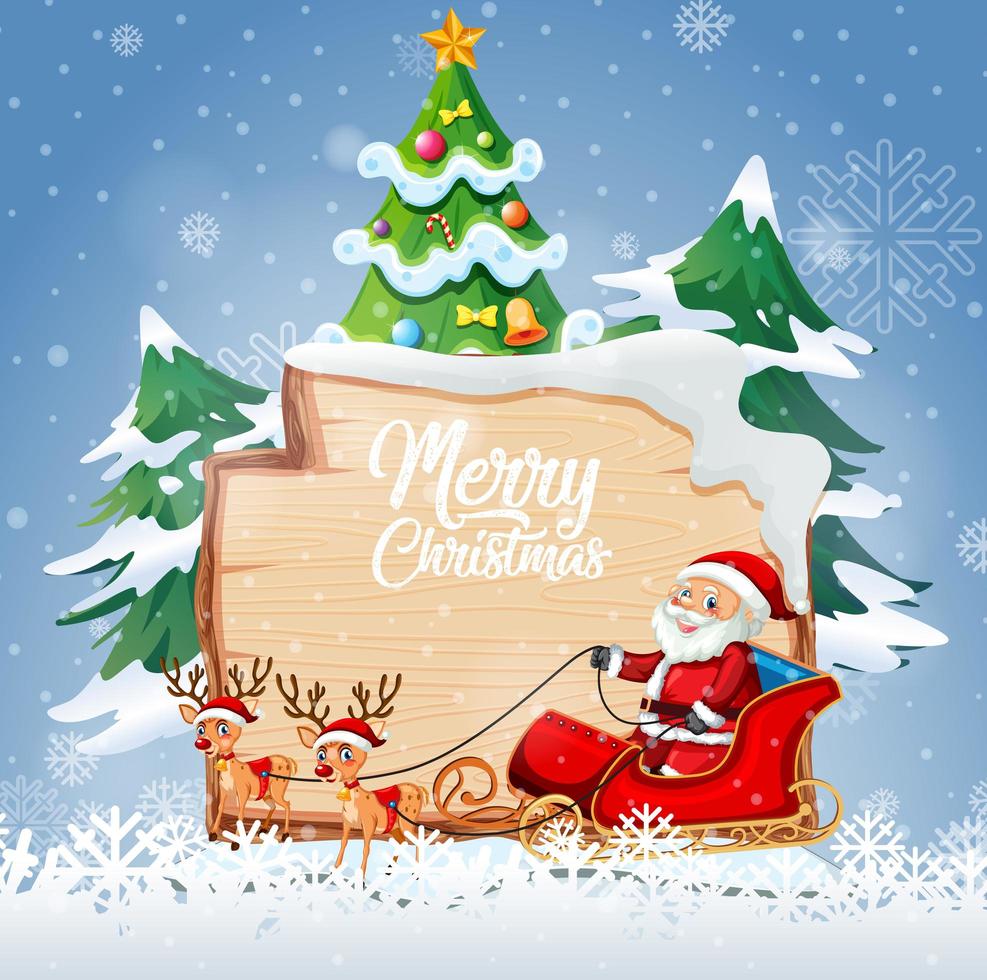 Merry Christmas font logo on wooden board with Christmas cartoon character in snow scene vector