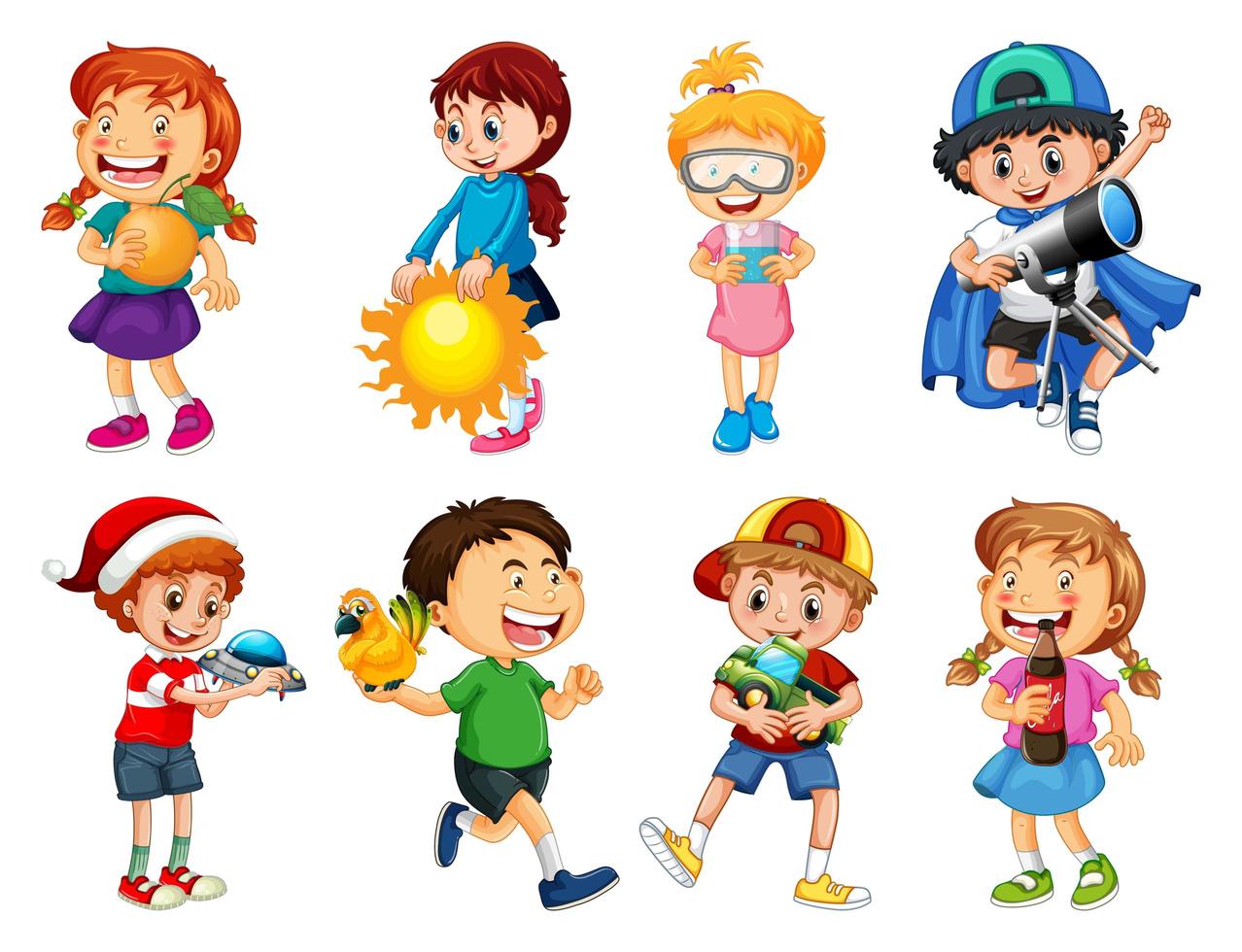 Set of different kid playing with their toys cartoon character isolated on white background vector