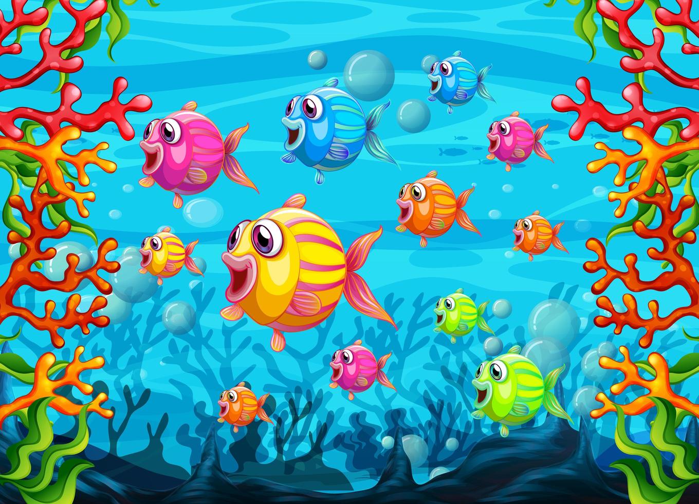 muchos personajes de dibujos animados de peces exóticos en el fondo submarino vector