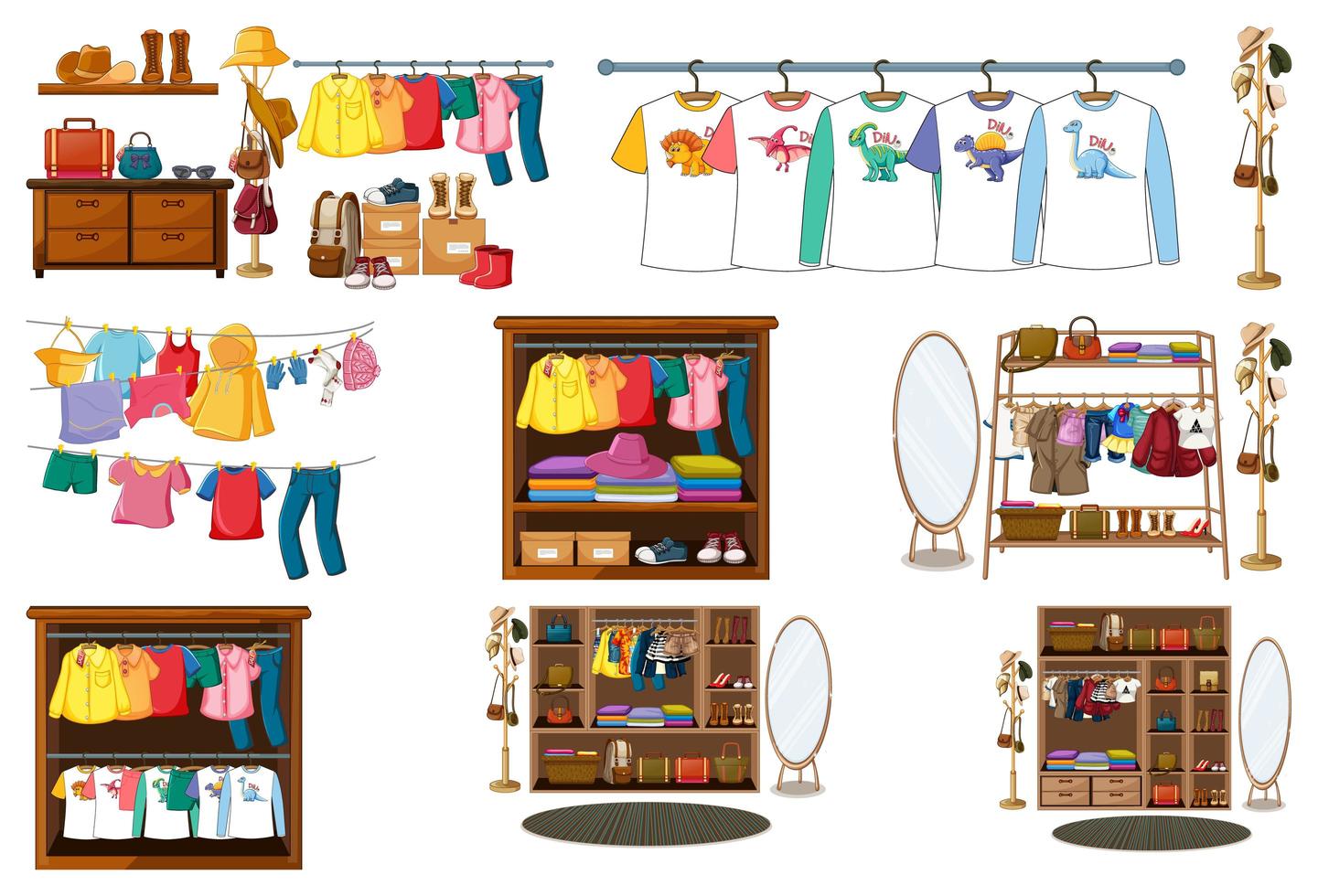 Set of clothes, accessories and wardrobe isolated on white background vector