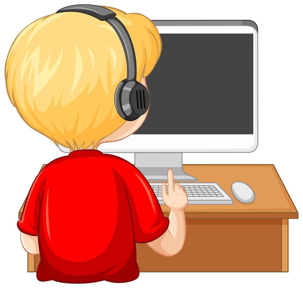 Back view of a boy with computer on the table on white background vector