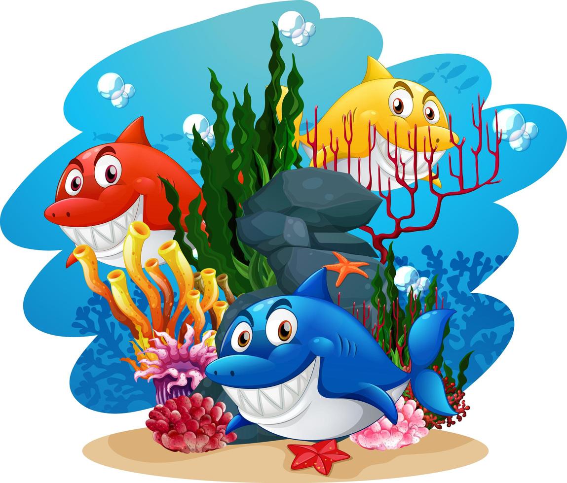 Many sharks cartoon character in the underwater background vector