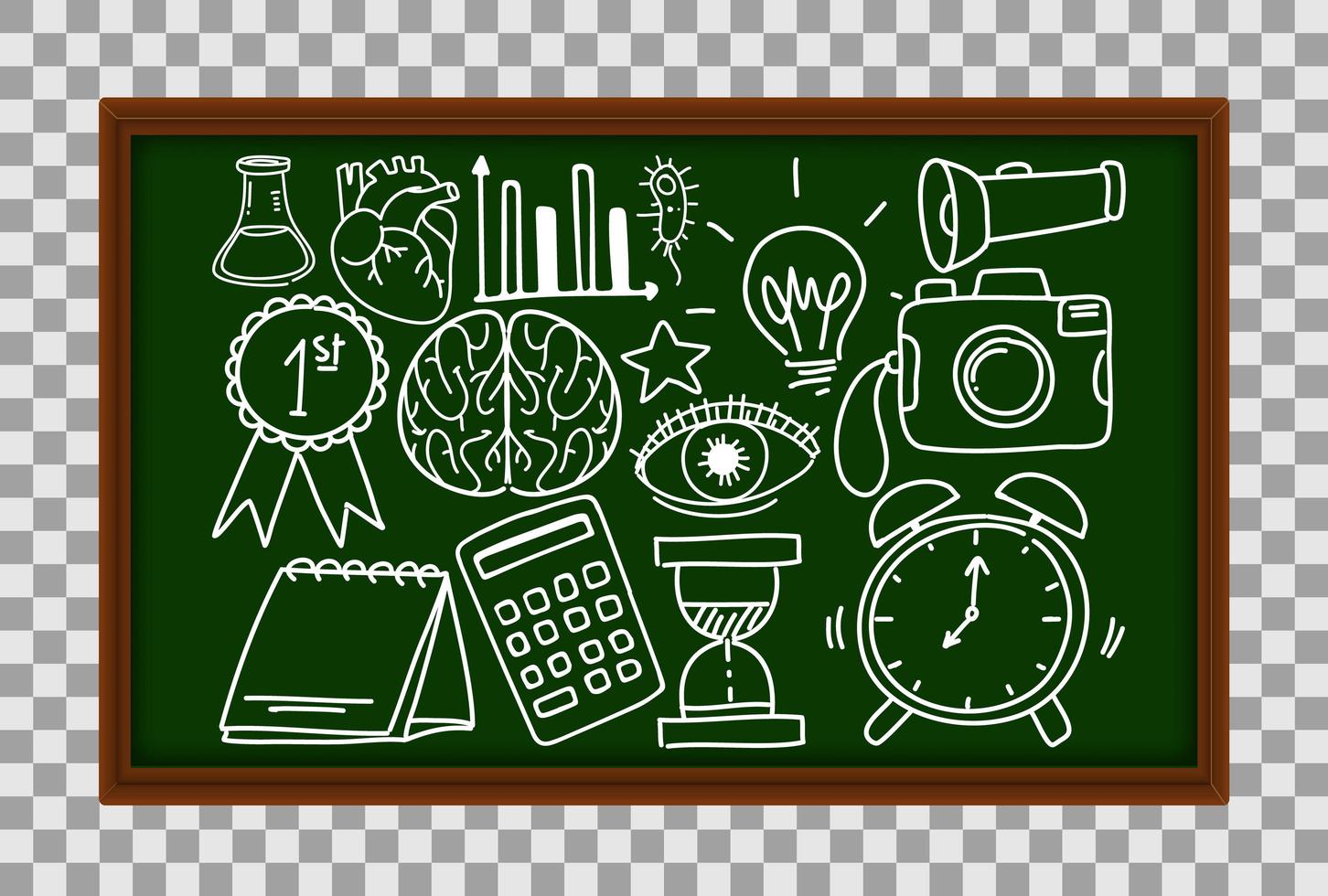 Different doodle strokes about science equipment on chalkboard on transparent background vector