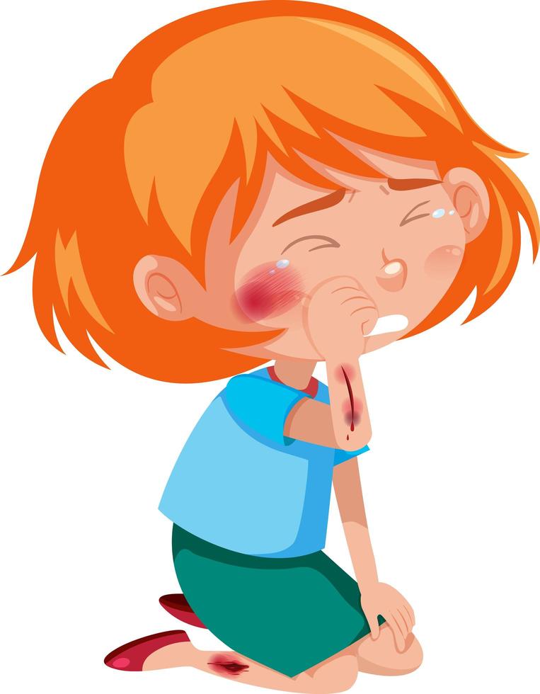 Girl injured at cheek and arm cartoon character isolated on white background vector