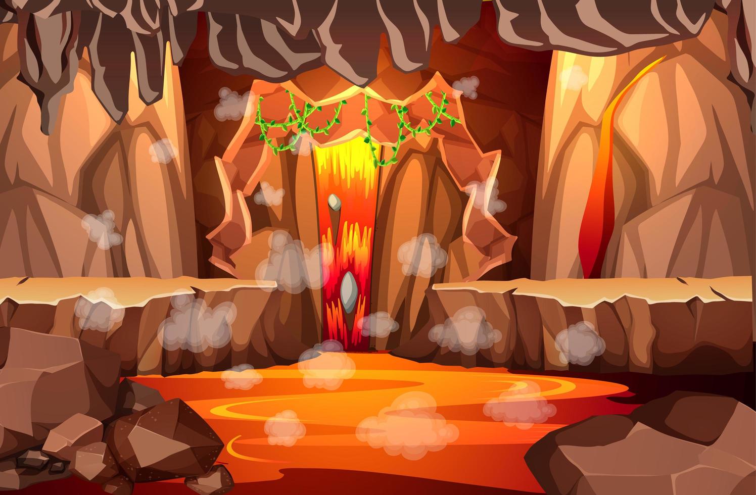 Infernal dark cave with lava scene vector