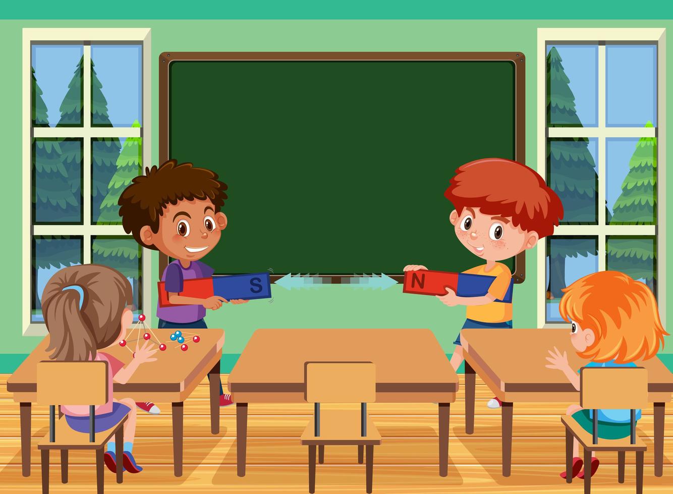 Young student doing magnet experiment in the classroom scene vector