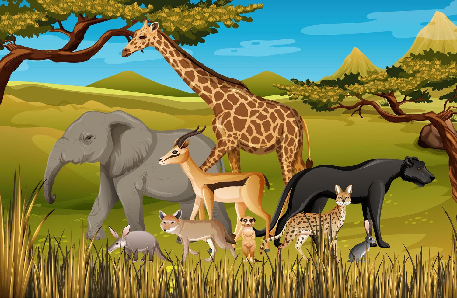 Grupo de animales salvajes africanos en la escena del bosque vector