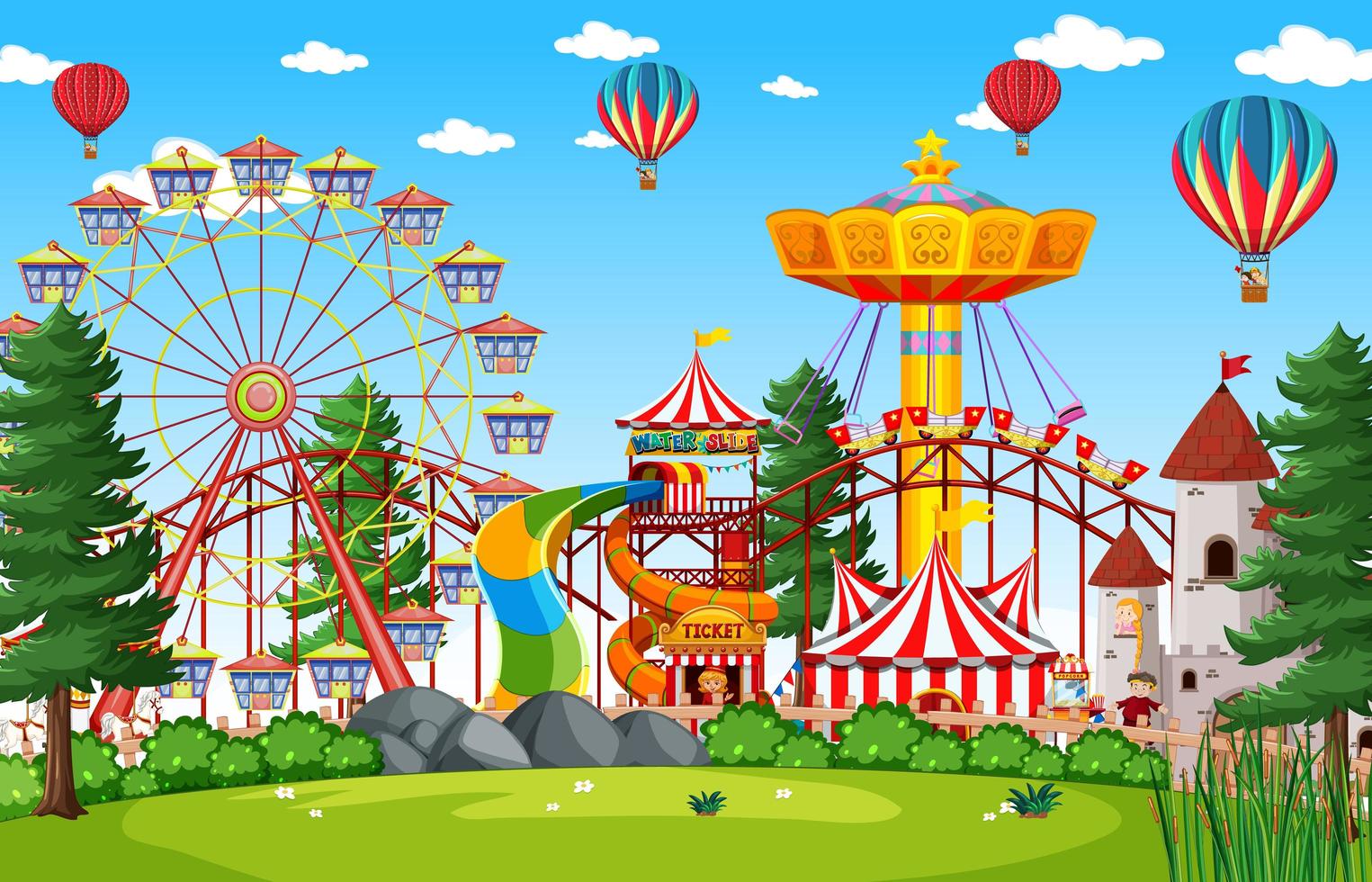 Escena del parque de atracciones durante el día con globos en el cielo. vector