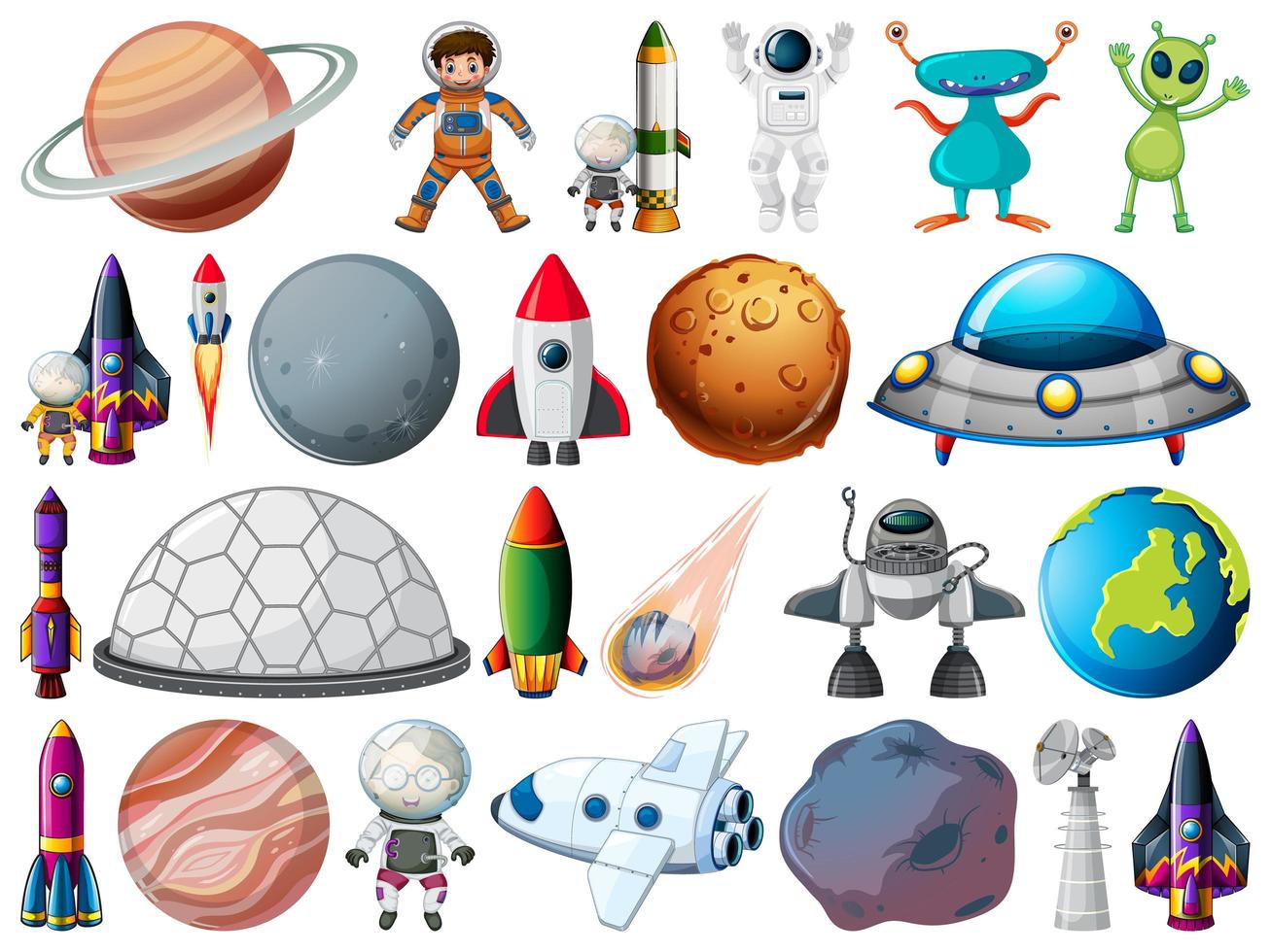 Conjunto de objetos y elementos espaciales aislados sobre fondo blanco. vector