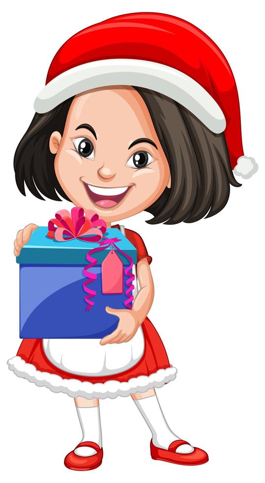 Cute girl in christmas costume holding gift box cartoon character vector