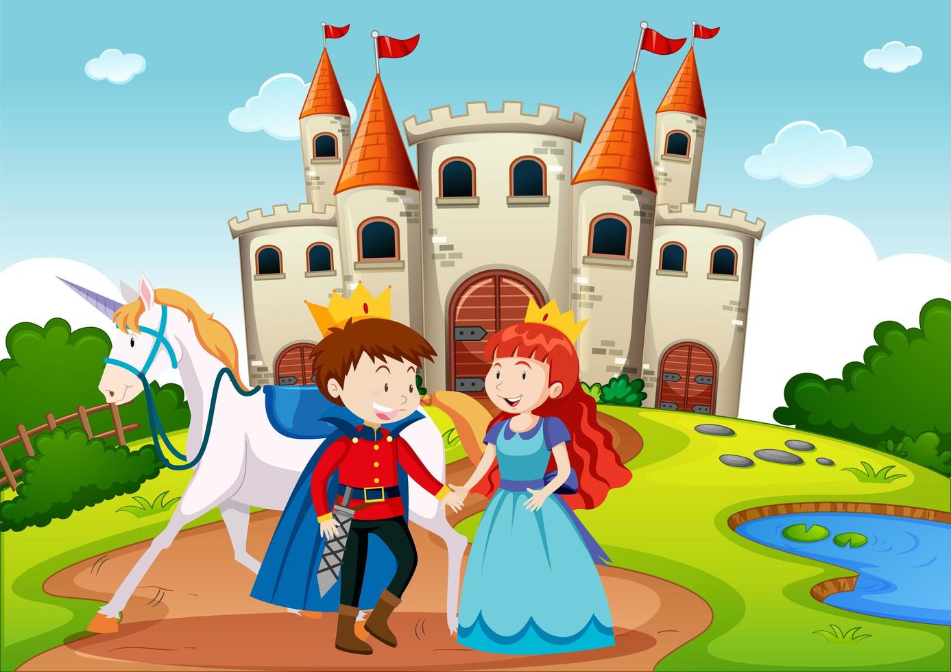 Prince and princess in fairytale land scene vector