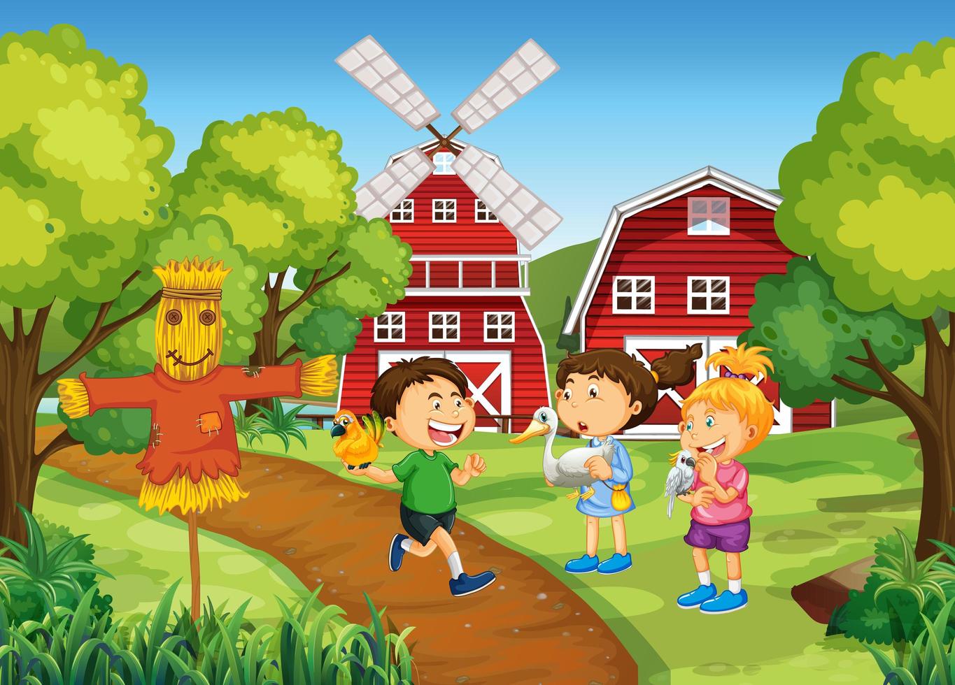 Scene with many children in the farm vector