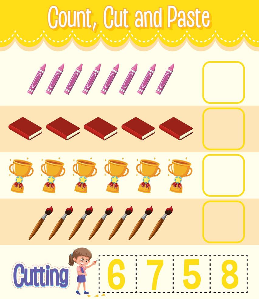 Count, Cut and Paste maths worksheet for children vector