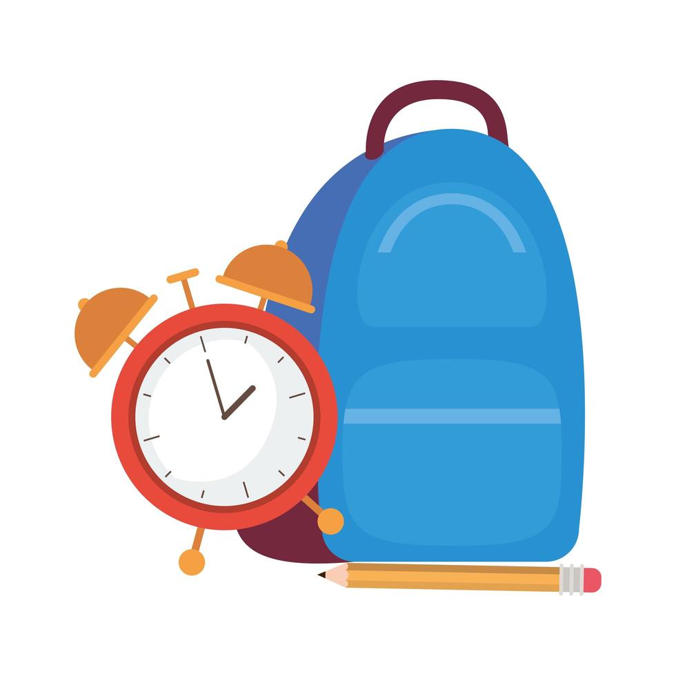 Handbag school with alarm clock on white background vector