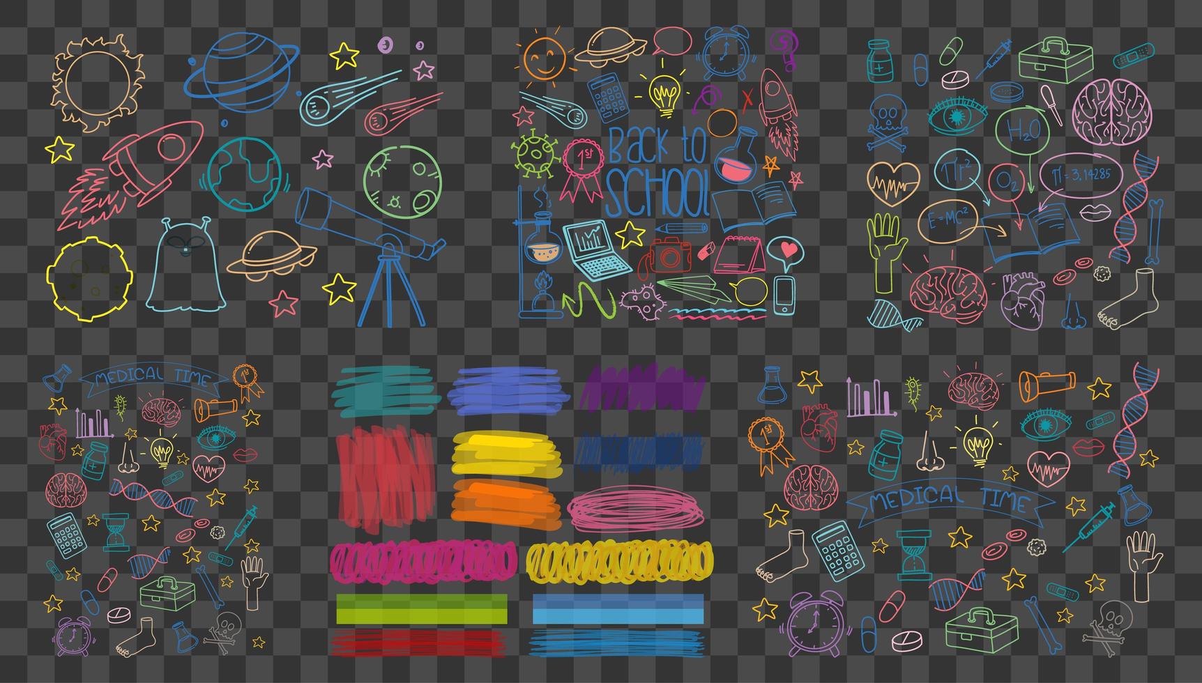 Set of colorful object and symbol hand drawn doodle on transparent background vector
