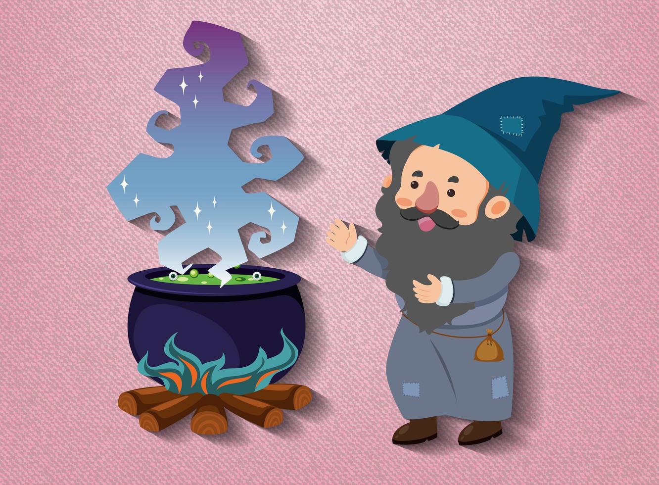 Little wizard cartoon character with potion pot vector