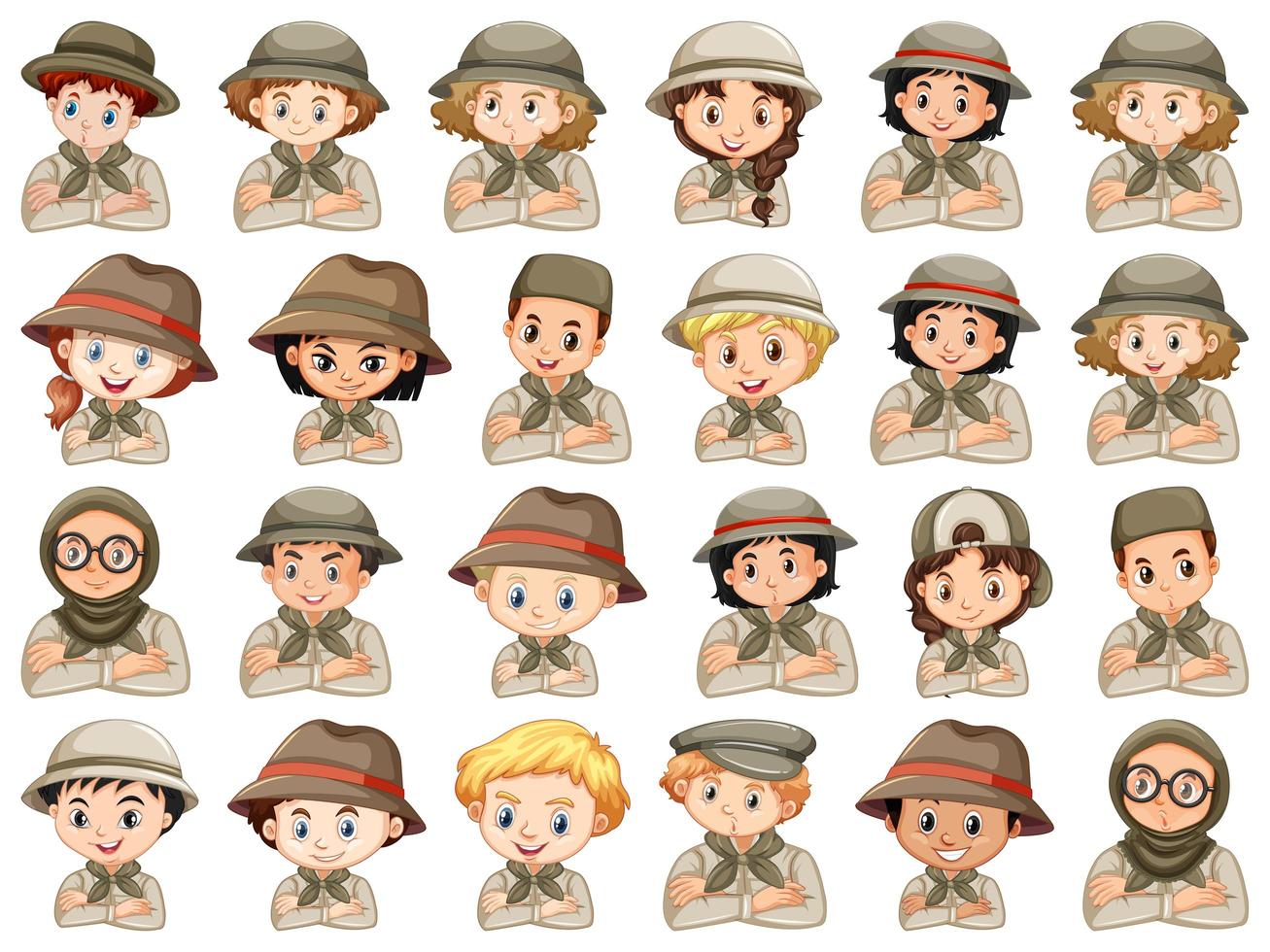 Conjunto de diferentes personajes de niños y niñas disfraz de scout sobre un fondo blanco. vector