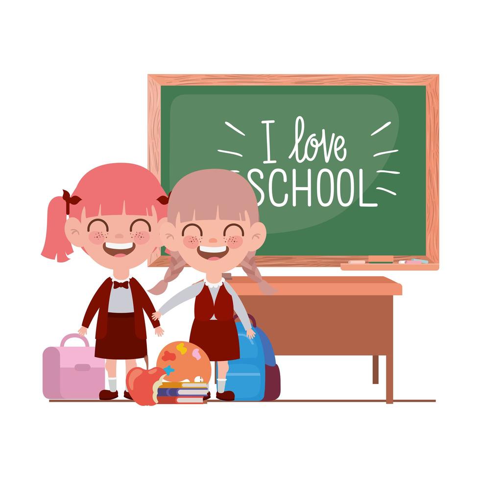 Student girls with school supplies in the classroom vector