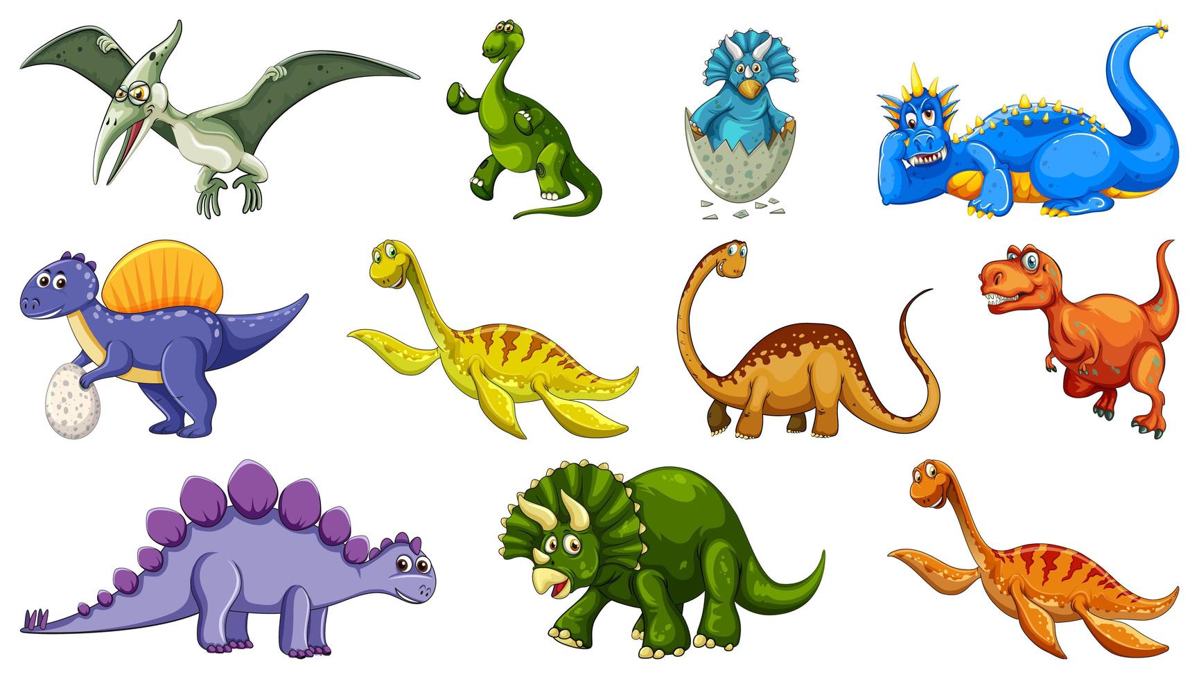 Conjunto de diferentes personajes de dibujos animados de dinosaurios aislado sobre fondo blanco. vector