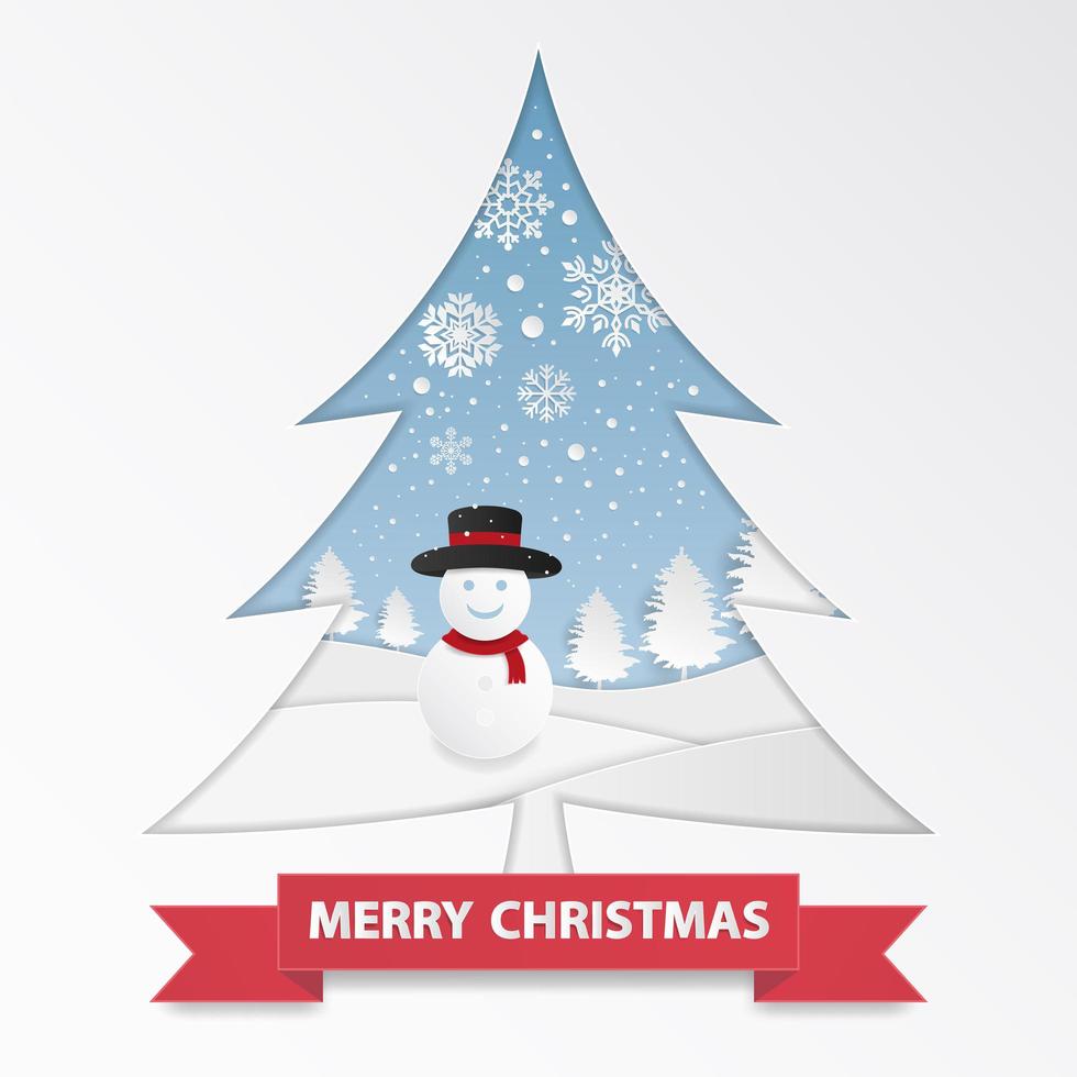 Paper art tree shape with Snowman in winter vector