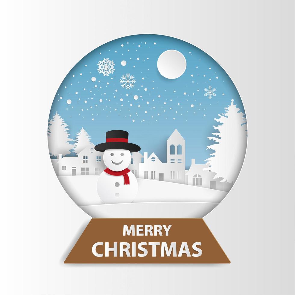 Paper art snowglobe with snowman in country village vector