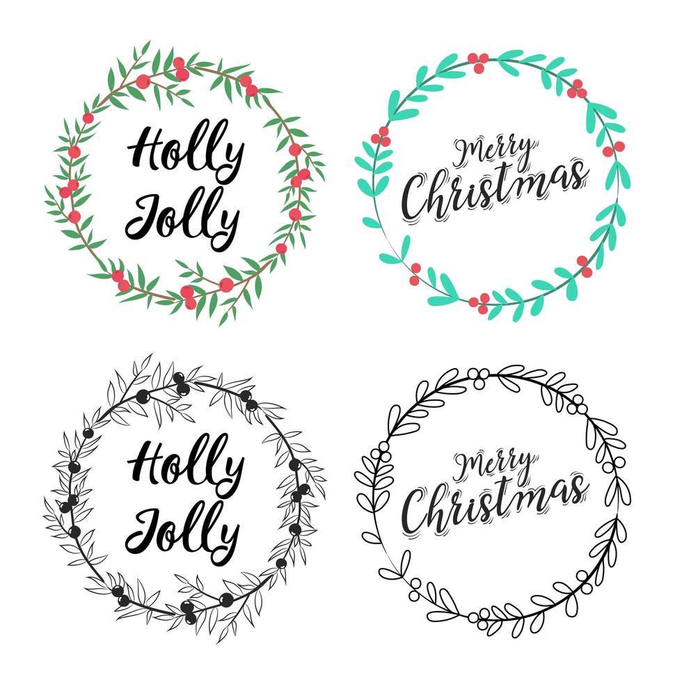Christmas wreath with floral decoration and lettering set vector
