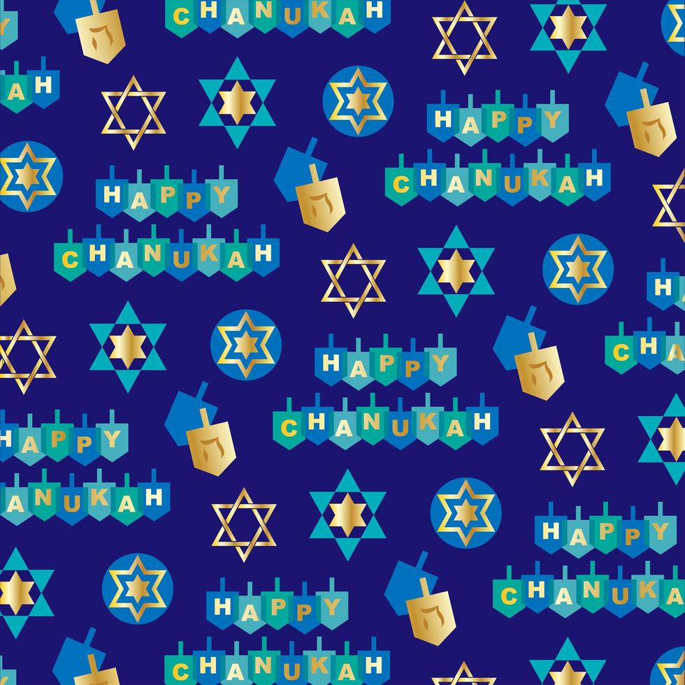 Happy Chanukah pattern with dreidels and stars on blue vector