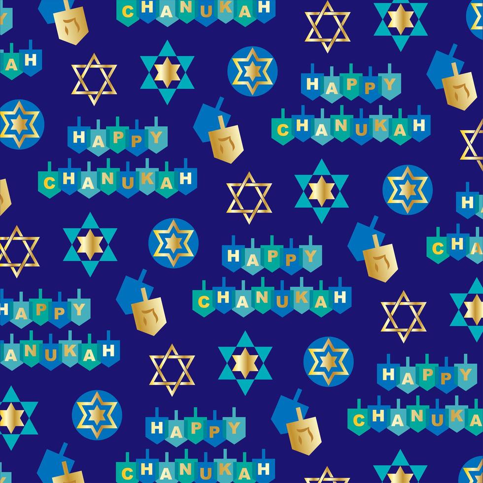 feliz patrón de janucá con dreidels y estrellas en azul vector