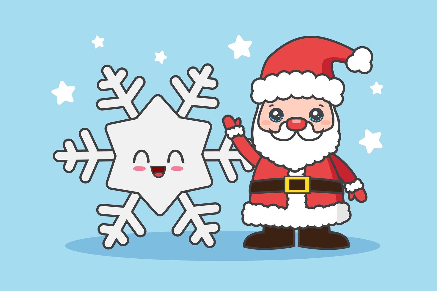 tarjeta de navidad kawaii con santa y copo de nieve vector