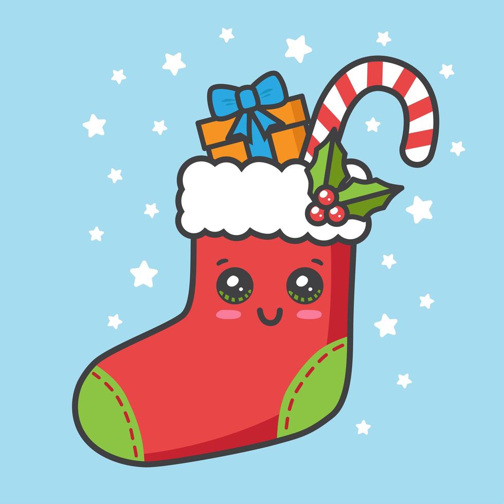 tarjeta de navidad kawaii con calcetín vector