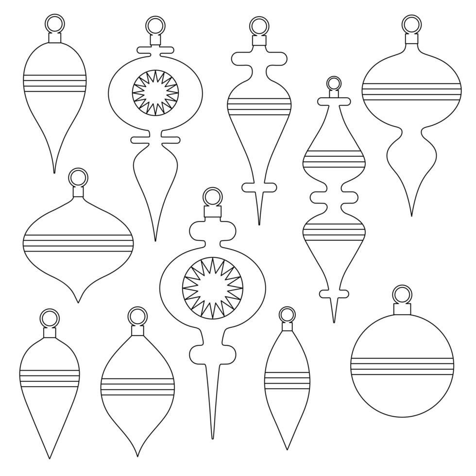Black outline Christmas tree ornaments digital stamps vector
